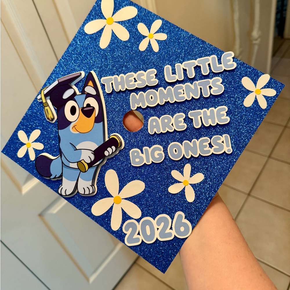 Blue Glitter Graduation Cap Topper with Cartoon Dog and '2026'